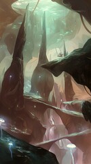 Ethereal Glow in Fantastical Cave Formations: Alien Environment with Bio-luminescent Flora