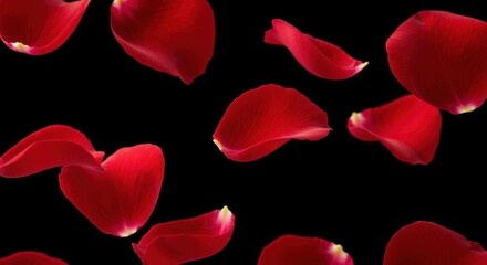 Scattered, rich red petals with subtle yellow tips, isolated and prominent against a deep black background