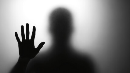 A black and white blurred silhouette of a person behind a frosted or translucent surface