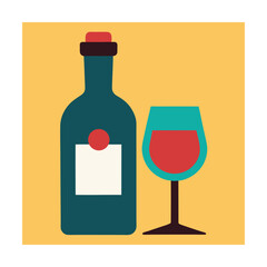 Flat illustration of a wine bottle and glass filled with red wine on yellow background