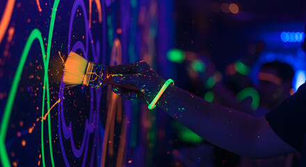 Neon Glow Paint Party: Close-up Hands Creating Abstract Art
