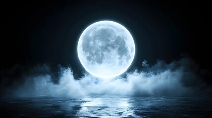 A luminous full moon, ethereal blue-toned, hangs low over a misty, reflective waterscape in a dark night