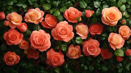 Naklejka premium A lush arrangement of coral roses and green foliage, densely packed against a dark trellis background. The roses vary in size, creating depth and texture