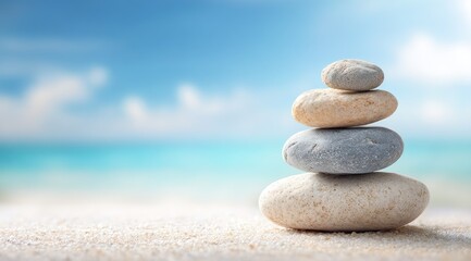 Balanced stones on sandy beach, serene ocean view
