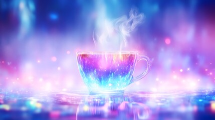 A steaming cup glows with iridescent, ethereal light against a vibrant, bokeh-filled, dark background