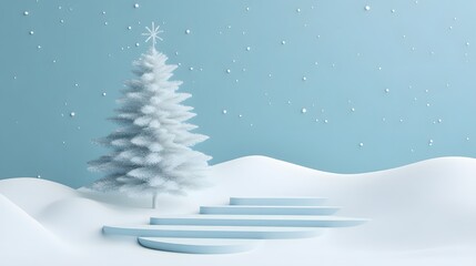 A winter scene featuring a fluffy white Christmas tree on a light blue backdrop.