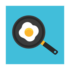 Simple illustration of a sunny side up egg cooking in a black frying pan on blue background