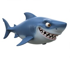 A mischievous cartoon shark design, playfully rendered in 3D, exudes a cheerful demeanor with a wide grin, showcasing vibrant blue tones and sharp teeth.