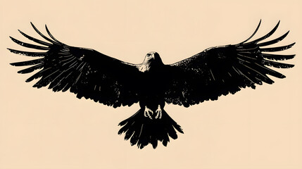 soaring eagle: An elegant black eagle with fully extended wings, captured in striking detail against a pastel background, showcasing its majestic presence.
