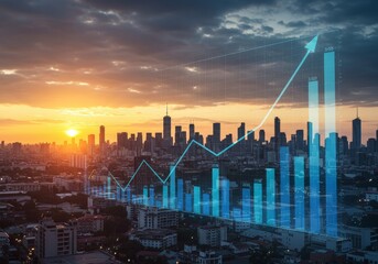 Photo of Digital Financial Growth Chart Overlaying City Buildings at Sunset