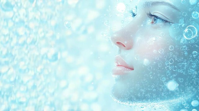 Refreshing skincare concept with close-up of young woman&rsquo;s face surrounded by 3D blue water bubbles, symbolizing hyaluronic acid hydration, collagen rejuvenation and moisturizing cosmetic solutions.