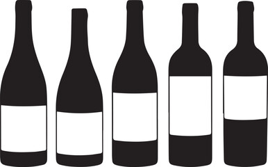 Five silhouettes of wine bottles blank labels