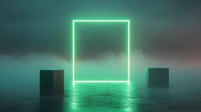 Ethereal Neon Portal: A Mystical Gateway in a Foggy Landscape