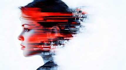 Abstract profile portrait of a woman, partially obscured by streaks of red and black digital data, creating a sense of technological integration or disruption