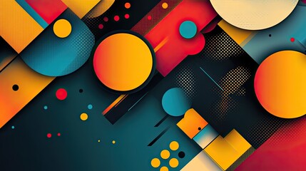 Abstract geometric design featuring circles squares and triangles in vibrant colors and halftone patterns