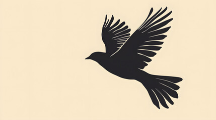 Fototapeta premium Silhouette in Flight: An elegant black bird in graceful flight, its wings spread wide against a subtle backdrop, embodies the essence of freedom and movement.
