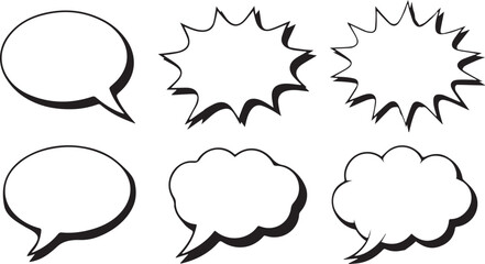 Six blank comic speech bubbles different shapes