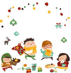 Vector Christmas Card with cute kids, sweets and christmas presents