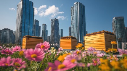 Urban beekeeping honeybees in city garden with skyscrapers