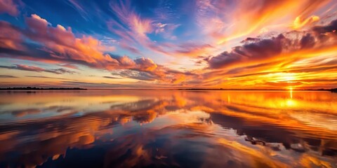 Obraz premium Serene Sunset Reflection A picturesque waterway mirrors the vibrant hues of a breathtaking sunset, displaying an array of fiery orange, deep crimson, and soft pastel colors across the sky and water