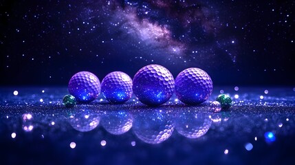 Four iridescent purple golf balls and two smaller green ones arranged on a glittering surface against a cosmic backdrop.  Reflective surface shows mirrored image