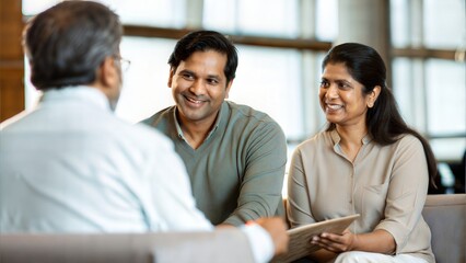 Smiling Indian Couple Discussing Retirement Options with Financial Expert
