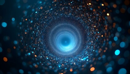 Dynamic data vortex swirling with glowing binary code and light particles, immersive tech tunnel effect .