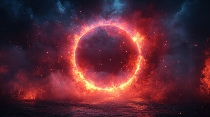 Obraz premium Fiery circular portal in a dramatic, dark scene