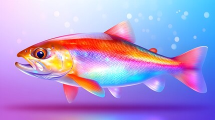 Iridescent salmonid fish, vibrant orange, pink, and blue hues, detailed scales, side profile, underwater setting