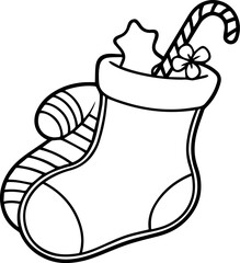 stocking and candy outline vector illustration, coloring book page line art