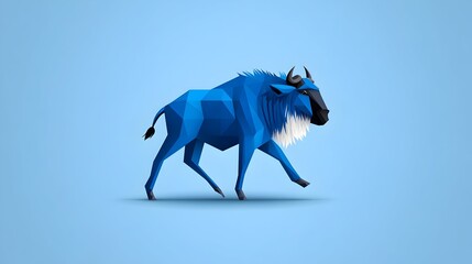 Obraz premium Low-poly, blue wildebeest in motion against a pale blue background; simplistic, geometric style