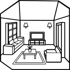 living room outline vector illustration, coloring book page line art