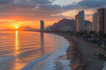 Sunrise over coastal city
