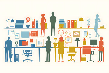 A colorful illustration of a modern office space with people working at desks