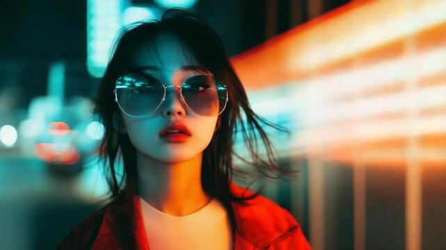 Stylish Woman with Sunglasses in Urban Nightscape, Neon Lights and Modern Fashion, Moody Portrait, Contemporary Aesthetic