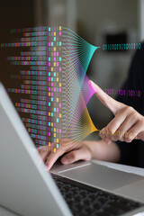 Businessman using laptop tablet data analysis big data technology artificial intelligence ai...