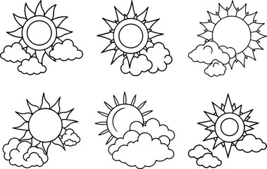 Set of sun with clouds outline vector illustration, coloring book page line art