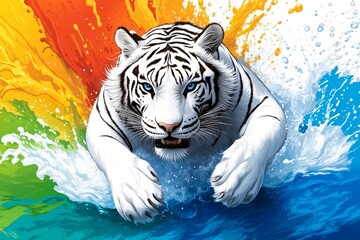 A white tiger running through a rainbow colored wave