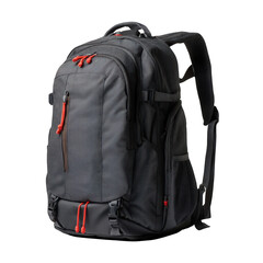 A dark gray backpack with red accents isolated on a transparent background in a studio setting