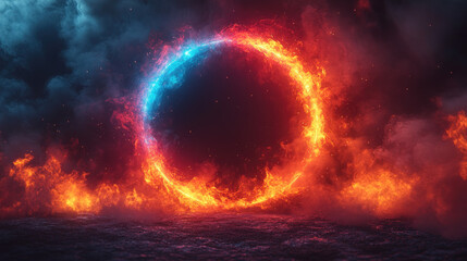 Fiery circle portal, red and blue flames, dark background