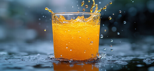Orange juice splashing from a glass