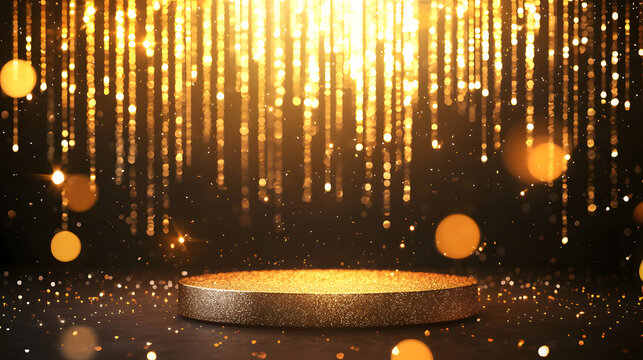 Golden Stage: A captivating golden stage shimmering under a cascade of golden glittering lights, perfect for product presentation, celebration or luxurious branding.