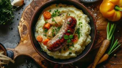 Top-down view of Stoemp with mashed potatoes, sausage, and vegetables in a rustic bowl