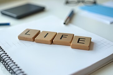 Wooden block says "life" on notebook with desk items