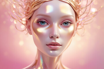 Surreal Glowing Face with Smooth Porcelain Skin, Iridescent Textures, and Softly Illuminated Features, Set Against Vibrant Pastel Pink and Gold Bokeh Background, AI-generated