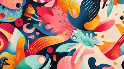 Fototapeta premium Vibrant Abstract Colorful Floral Artwork with Organic Shapes and Dark Background