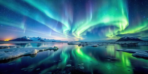 Fototapeta premium A Serene Glacial Lake Reflects the Vibrant Hues of the Northern Lights Under a Starry Sky