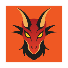 Stylized illustration of a fiery red dragon head with yellow eyes on orange background