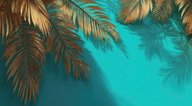 Gold palm leaves cast shadows on teal background - Powered by Adobe