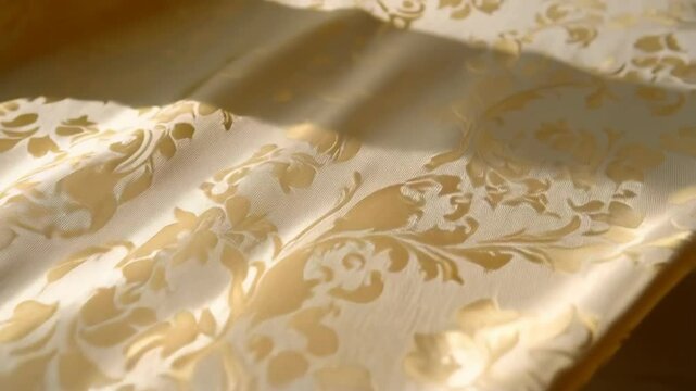 Close-up of luxurious beige fabric with repeating ornate floral patterns and subtle light effects creating soft shadows